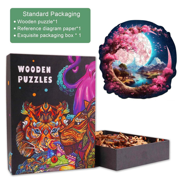 Beautiful Moon Wooden Jigsaw Puzzle with vibrant packaging and puzzle pieces showcasing a tranquil garden scene.