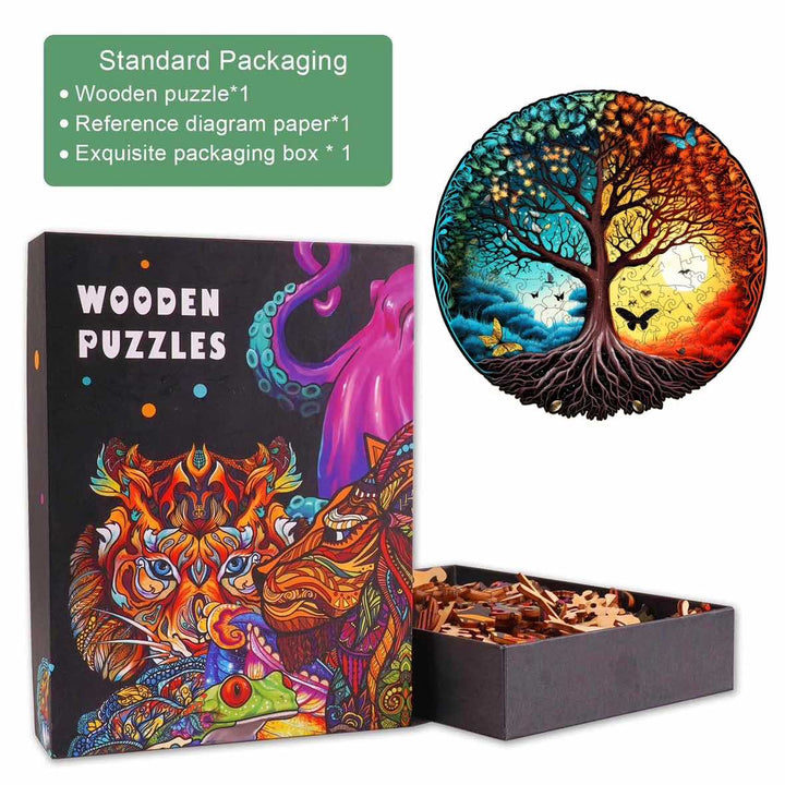 Yin Yang Tree Of Life wooden jigsaw puzzle with vibrant packaging and intricate tree design.