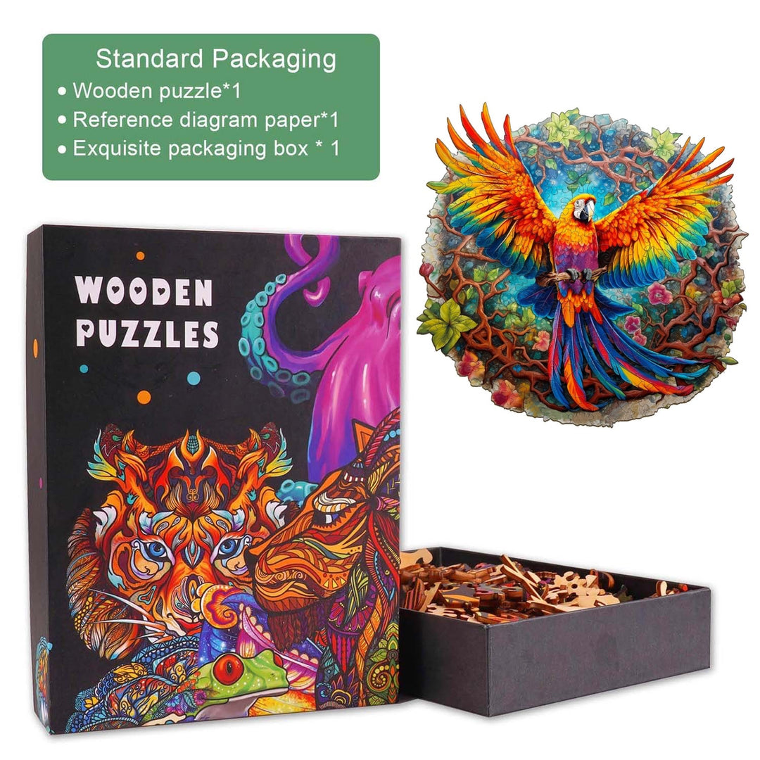 Curious Parrot Wooden Jigsaw Puzzle packaging with vibrant art and unique piece shapes, featuring a colorful parrot illustration.