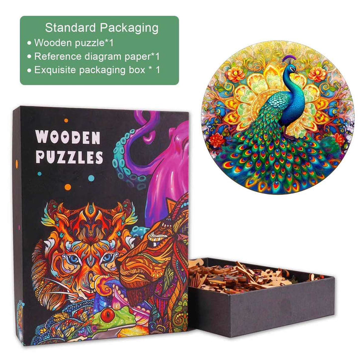 Mandala Peacock Wooden Jigsaw Puzzle with colorful design and packaging, perfect for puzzle lovers.
