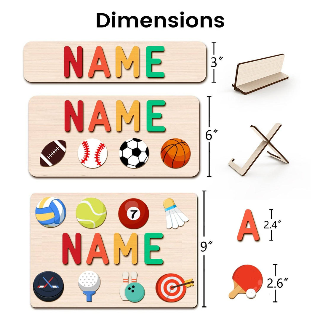 Personalized Wooden Baby Name Puzzle dimensions showcasing vibrant letters and playful graphics in eco-friendly materials.