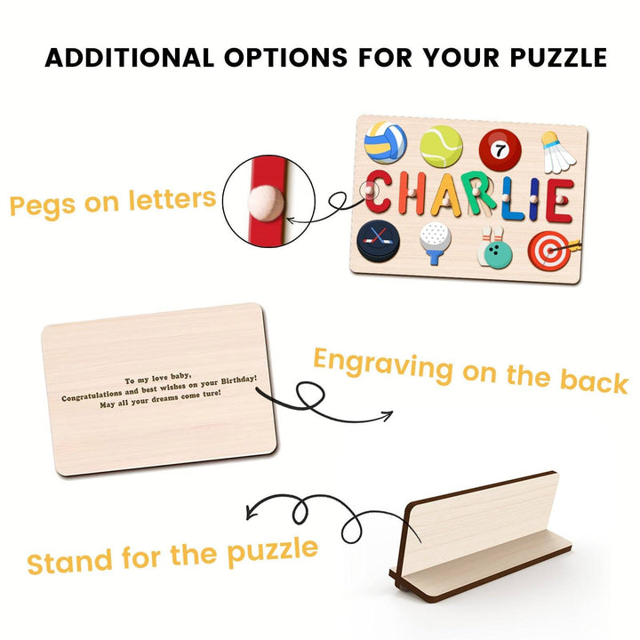 Personalized wooden baby name puzzle options: letter pegs, back engraving, and puzzle stand.