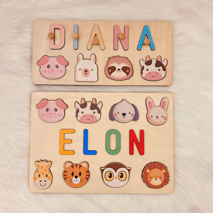 Personalized wooden name puzzle featuring the names Diana and Elon with colorful animal graphics.