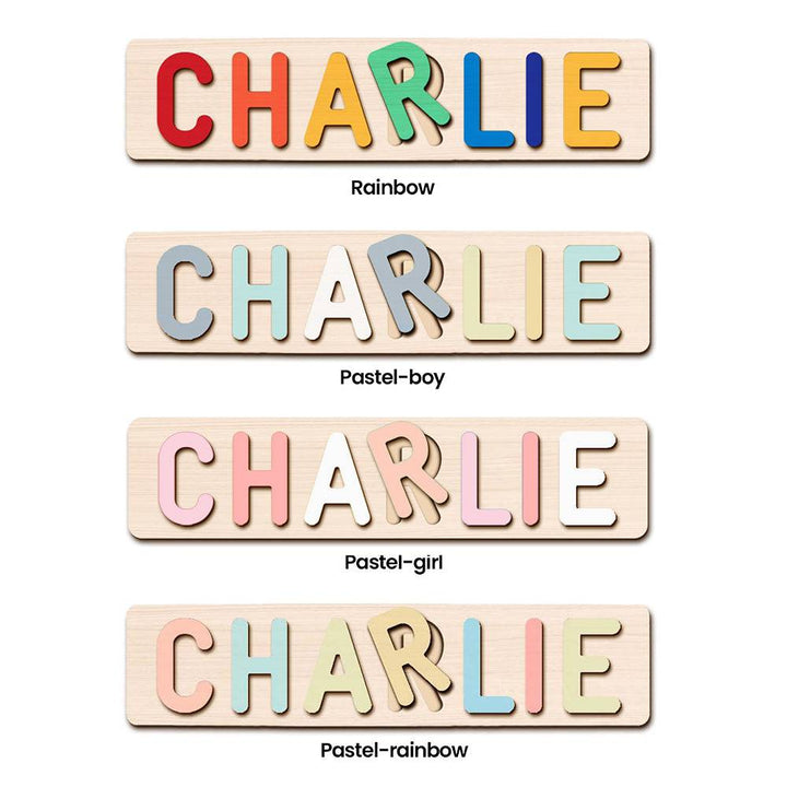 Personalized wooden name puzzle for Charlie in rainbow and pastel colors, eco-friendly and non-toxic.
