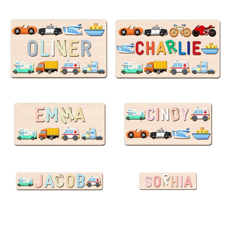 Personalized wooden name puzzles for children featuring traffic-themed designs in colorful letters.
