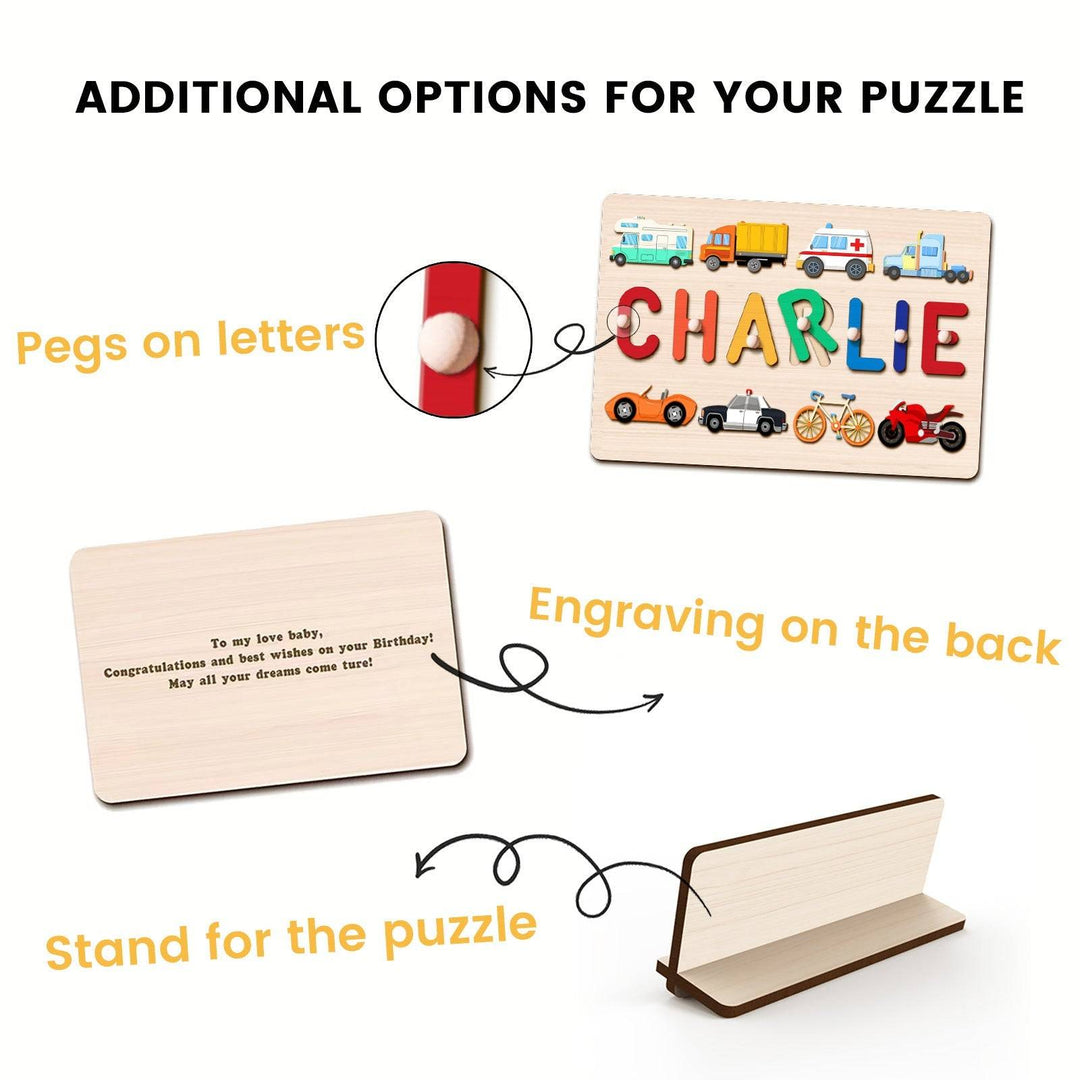 Personalized wooden name puzzle with traffic design, pegs on letters, engraving options, and stand for display.