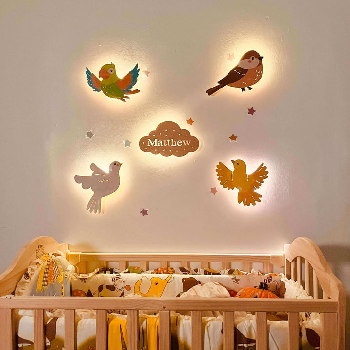 Ensemble de lampe murale en bois personnalisée pour chambre de bébé - Thème animaux du ciel