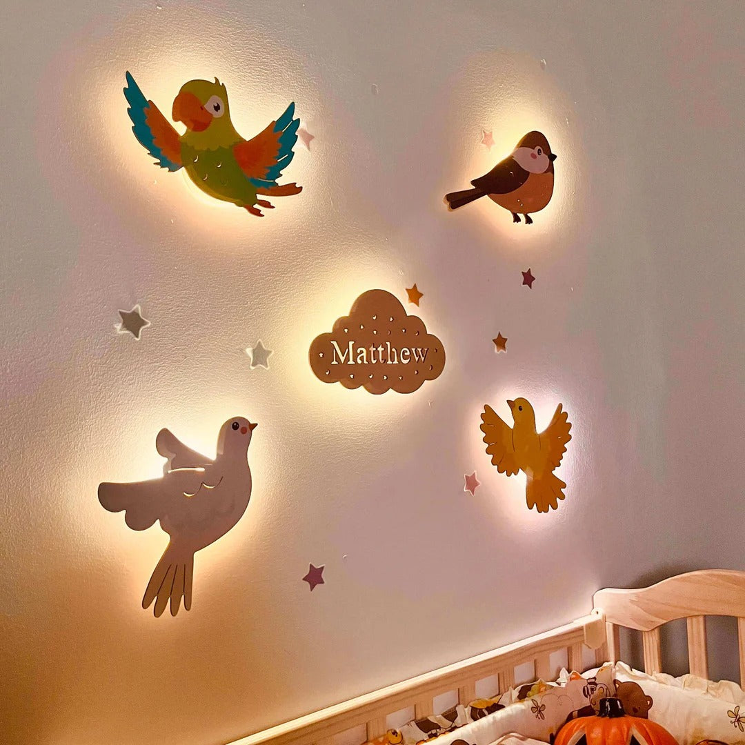 Ensemble de lampe murale en bois personnalisée pour chambre de bébé - Thème animaux du ciel