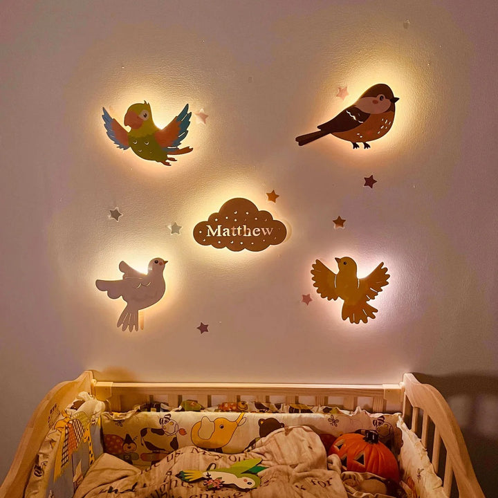 Ensemble de lampe murale en bois personnalisée pour chambre de bébé - Thème animaux du ciel