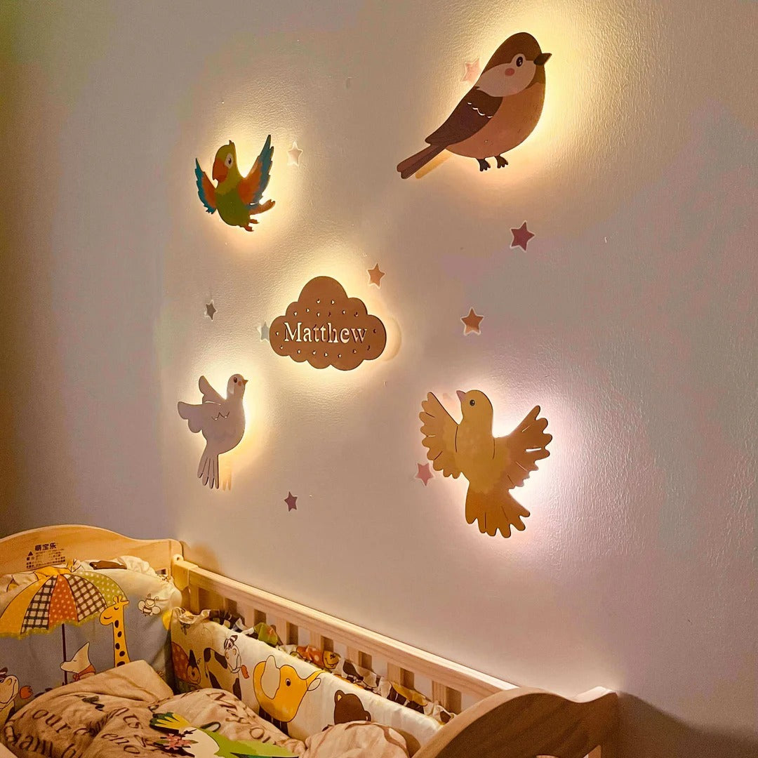 Ensemble de lampe murale en bois personnalisée pour chambre de bébé - Thème animaux du ciel