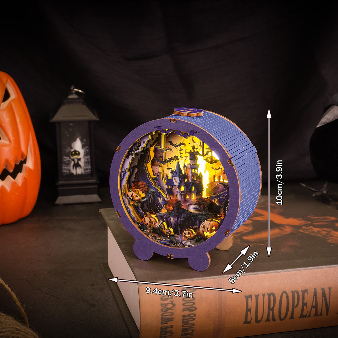 3D wooden Halloween castle night light puzzle, featuring a spooky scene with pumpkins and a haunted house.