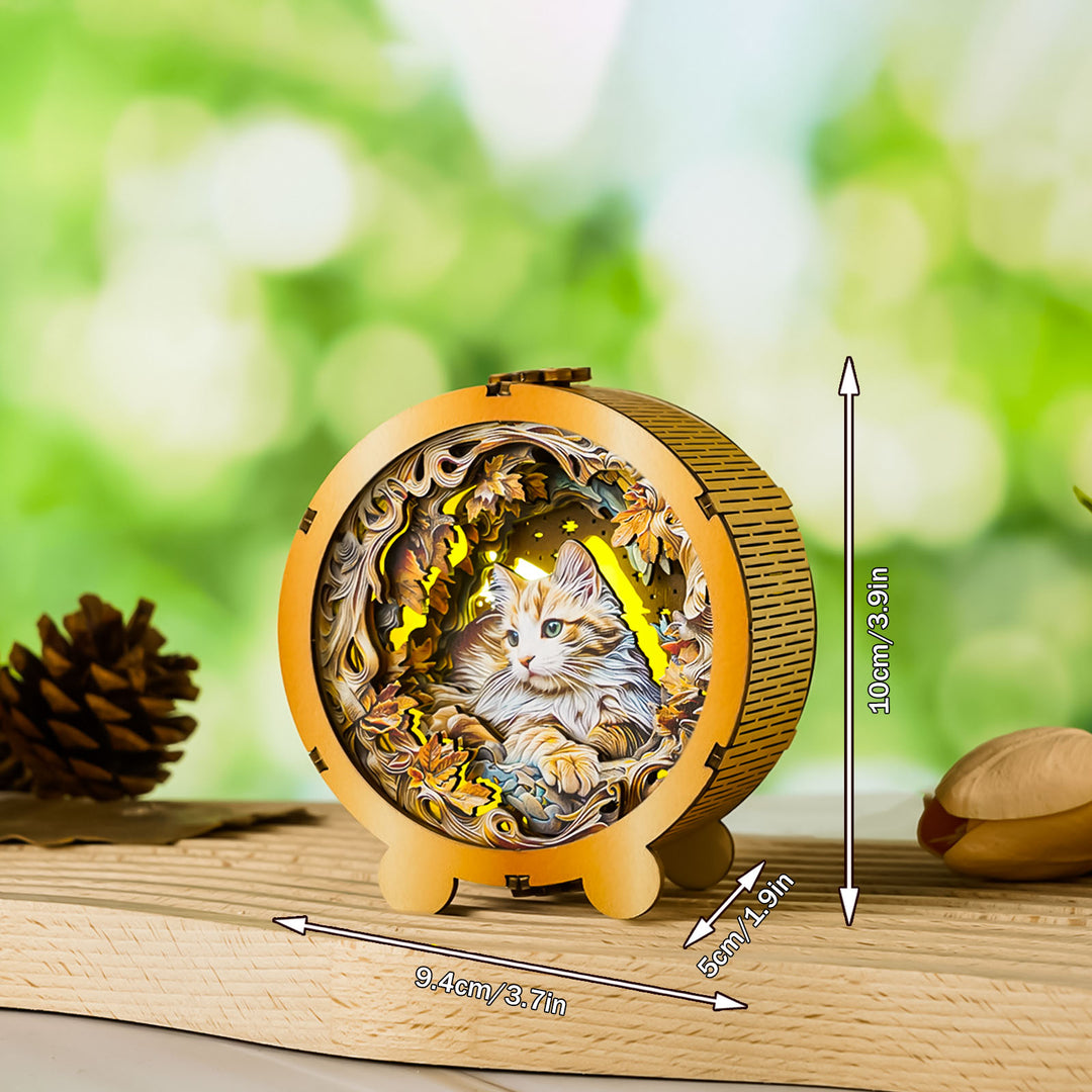 3D wooden puzzle night light featuring a mystical cat design, showcasing intricate details and a warm natural setting.