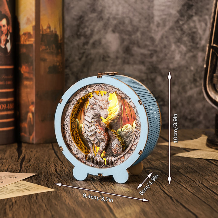 3D wooden puzzle night light featuring an intricately designed ancient dragon, displayed on a rustic table backdrop.