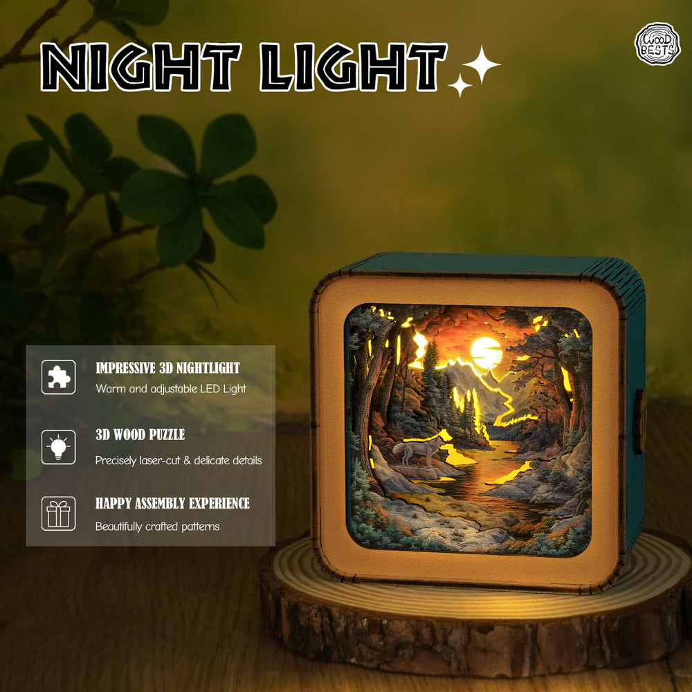 3D wooden puzzle night light featuring a forest scene with a wolf and warm LED light.
