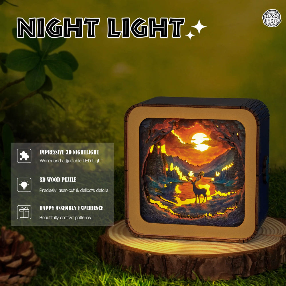 3D wooden puzzle night light featuring a scenic forest with deer and adjustable LED, ideal for home decor.