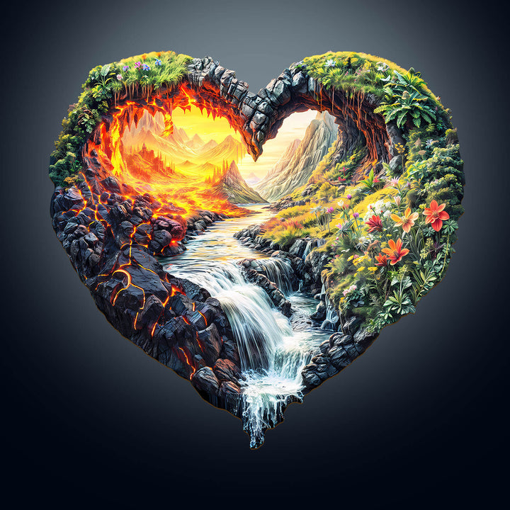 A heart-shaped landscape featuring a vibrant river, lush greenery, and fiery mountains, symbolizing harmony in nature.