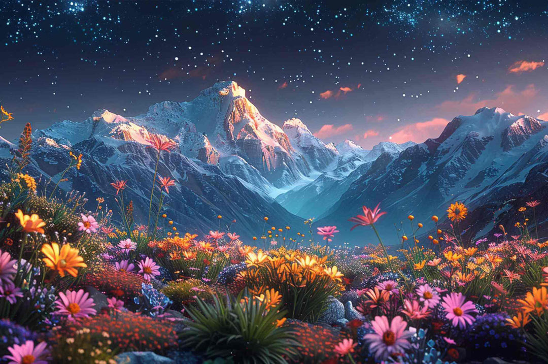 Starry Sky Garden puzzle image featuring vibrant flowers and majestic mountains under a starry sky.