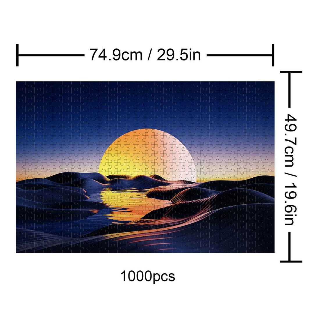 Sunset Desert 1000 piece puzzle showcasing a vibrant sunset over rolling dunes, ideal for jigsaw puzzle enthusiasts.