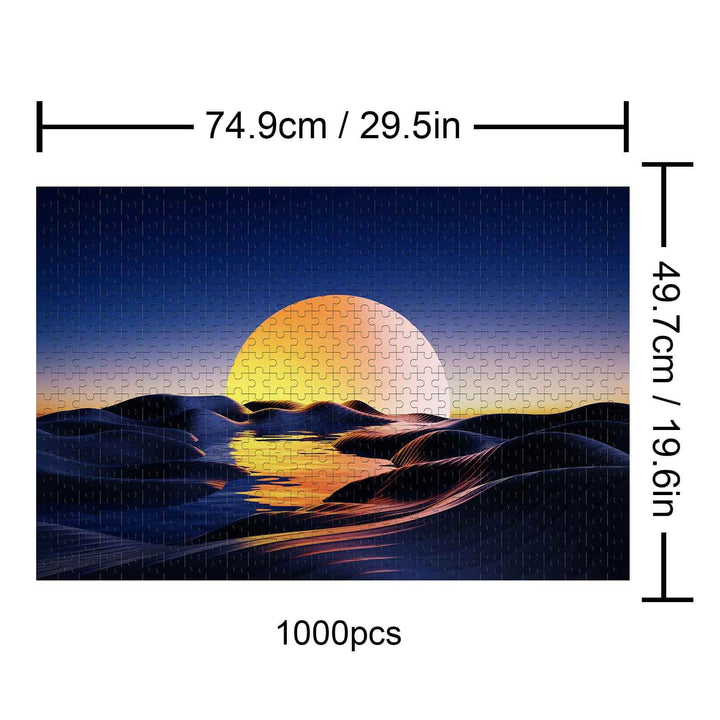 Sunset Desert 1000 piece puzzle showcasing a vibrant sunset over rolling dunes, ideal for jigsaw puzzle enthusiasts.