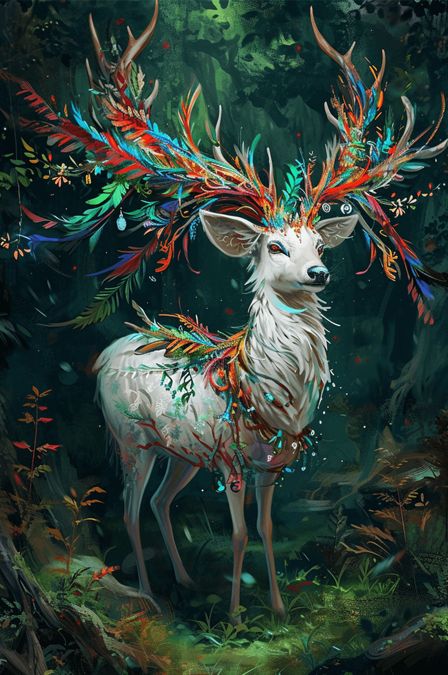 Colorful Deer illustration featuring vibrant foliage and elaborate antlers, ideal for a 500/1000 piece jigsaw puzzle.