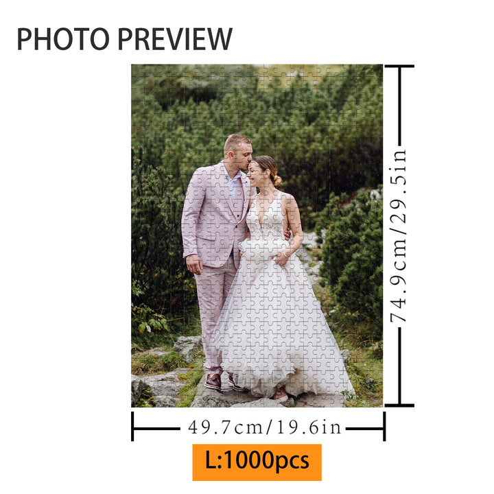 Personalized 1000-piece wedding photo puzzle featuring a couple in nature, perfect for anniversaries.
