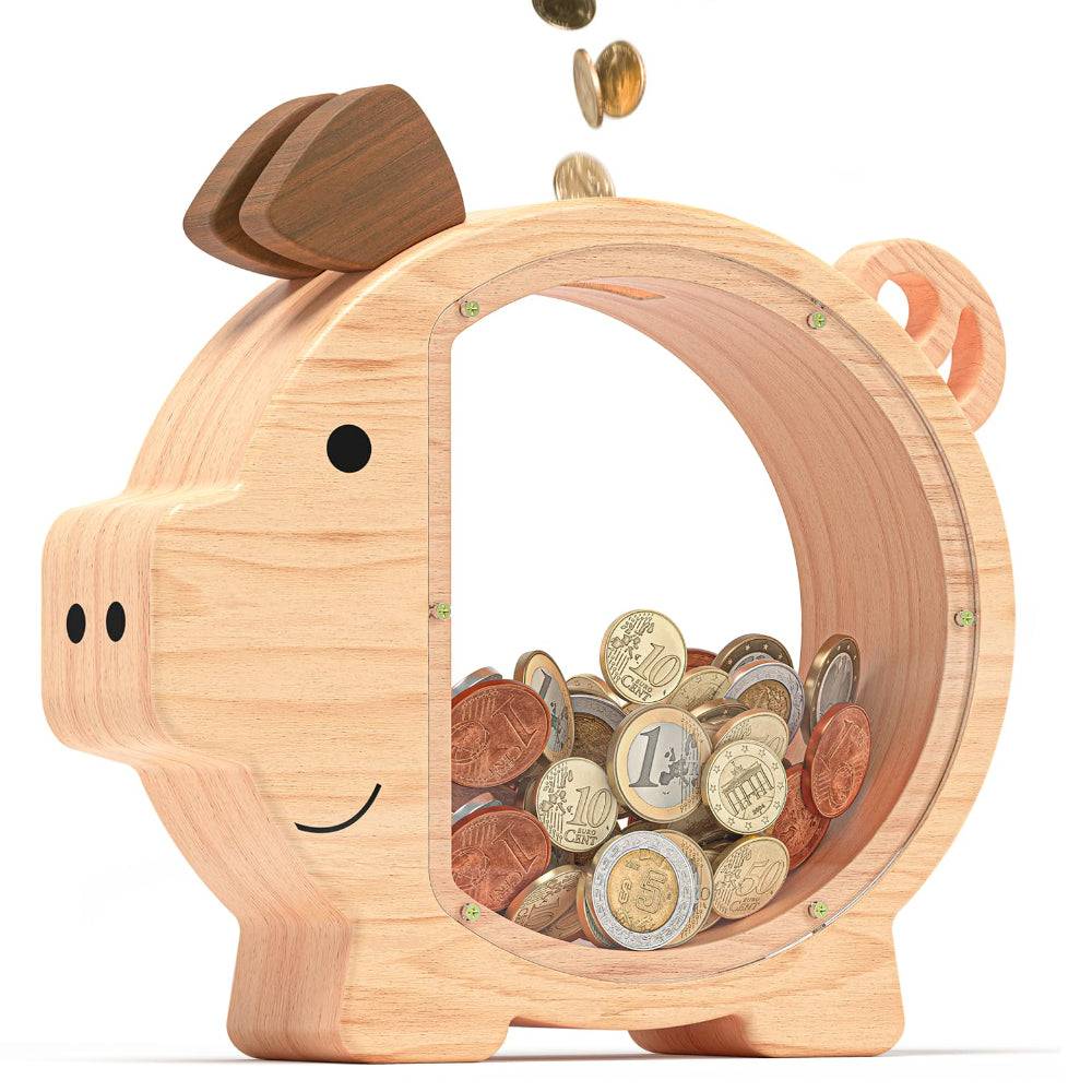 Personalized wooden pig piggy bank for kids with coins being dropped inside, made from natural materials.