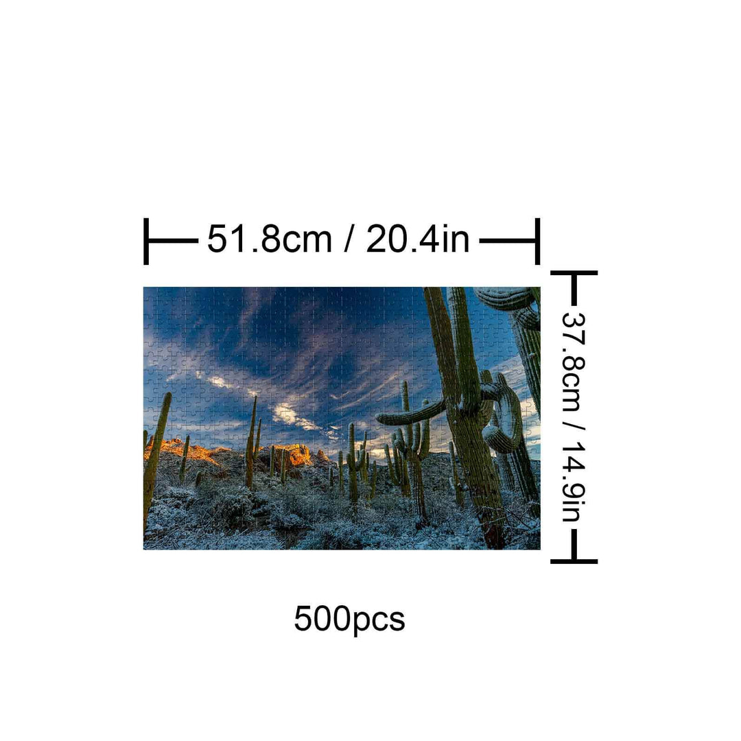 500-piece Snowy Desert puzzle dimensions showing 51.8cm x 37.8cm for jigsaw explorers.