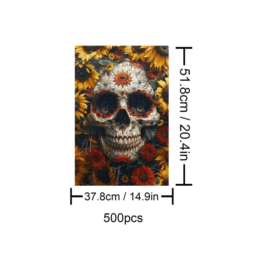 Halloween Skull puzzle with sunflowers, 500 pieces for a fun and thoughtful jigsaw experience.