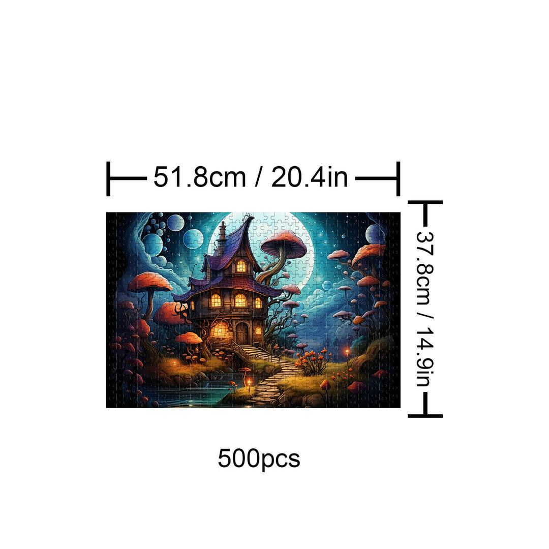 Weird Castle 500-piece puzzle featuring a whimsical cottage surrounded by colorful mushrooms and a mystical night sky.
