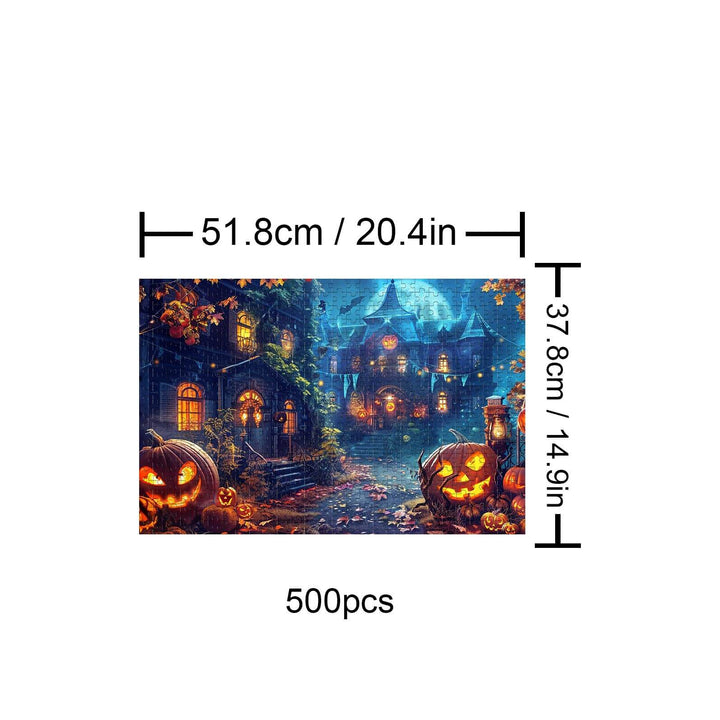 Halloween Castle 500-piece puzzle showcasing spooky houses and carved pumpkins, perfect for jigsaw puzzle enthusiasts.