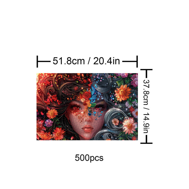Yin Yang Girl 500-piece puzzle showcasing a vibrant girl surrounded by flowers, designed for focus and mental challenge.