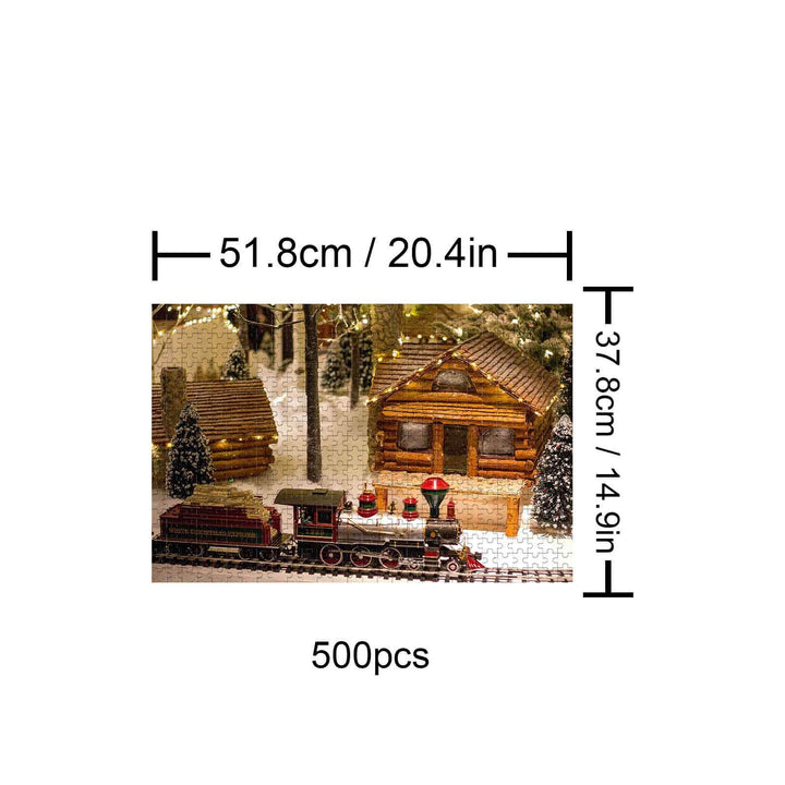 Christmas Train Paradise 500-piece puzzle with cozy cabin and train, perfect for holiday fun and brain games.