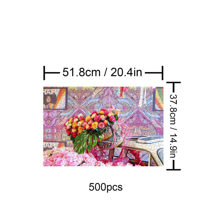 Happy Flower Basket 500 piece puzzle featuring vibrant flowers and intricate background design, perfect for puzzle enthusiasts.