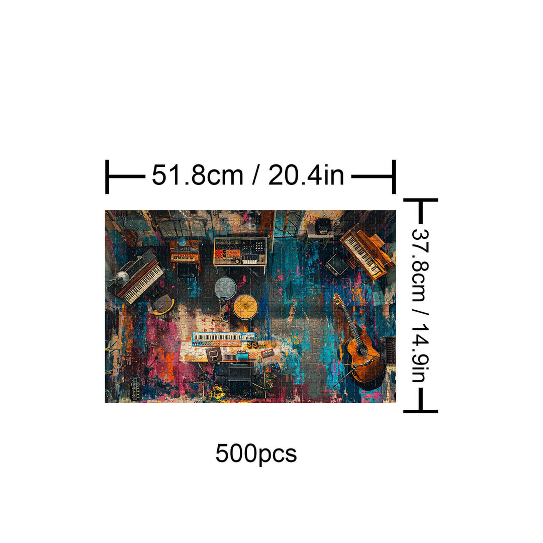 500 piece puzzle of a colorful musical instrument room, designed for jigsaw puzzle lovers and mind games.