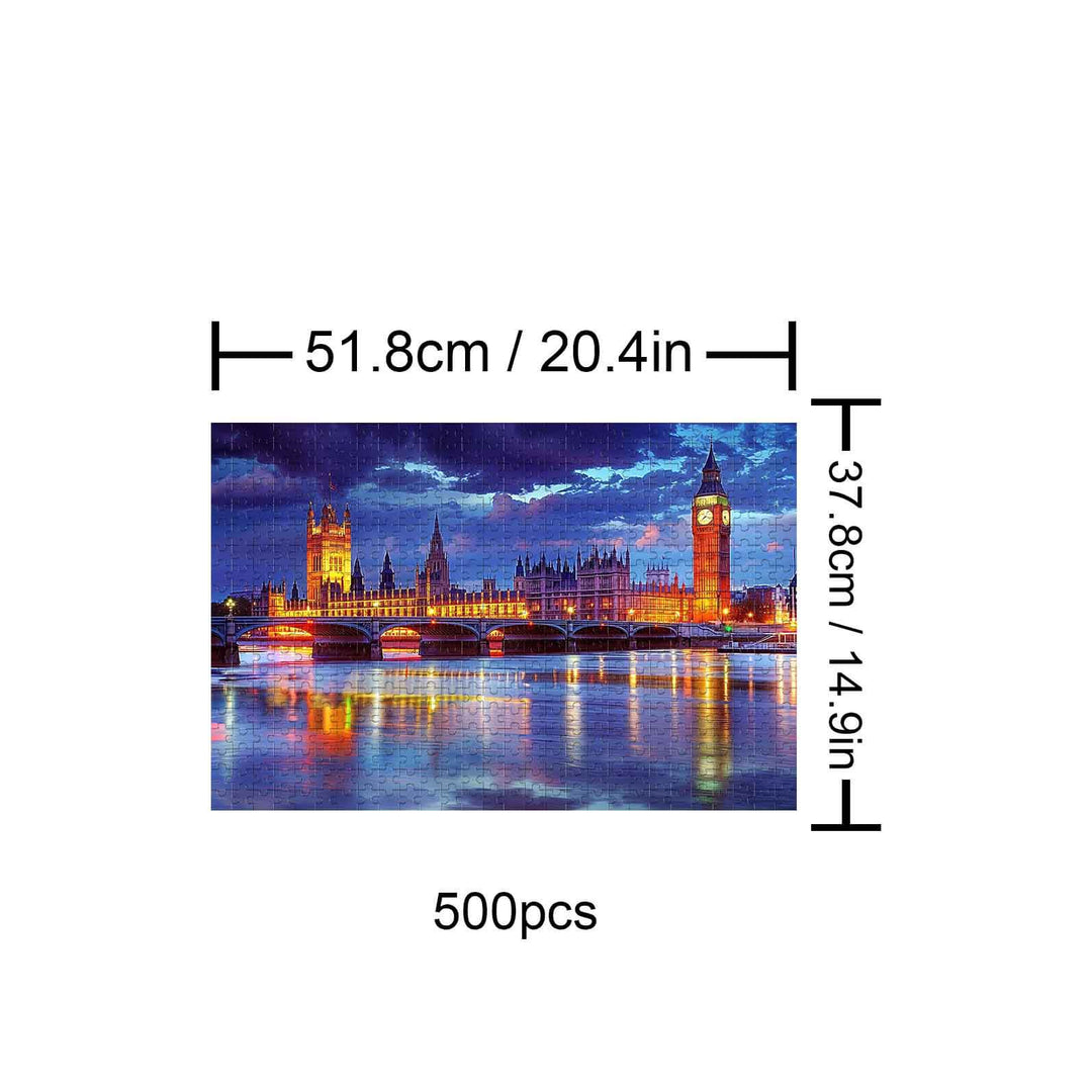 London Riverside Sunset 500-piece puzzle with Big Ben and river view, dimensions 51.8cm x 37.8cm.