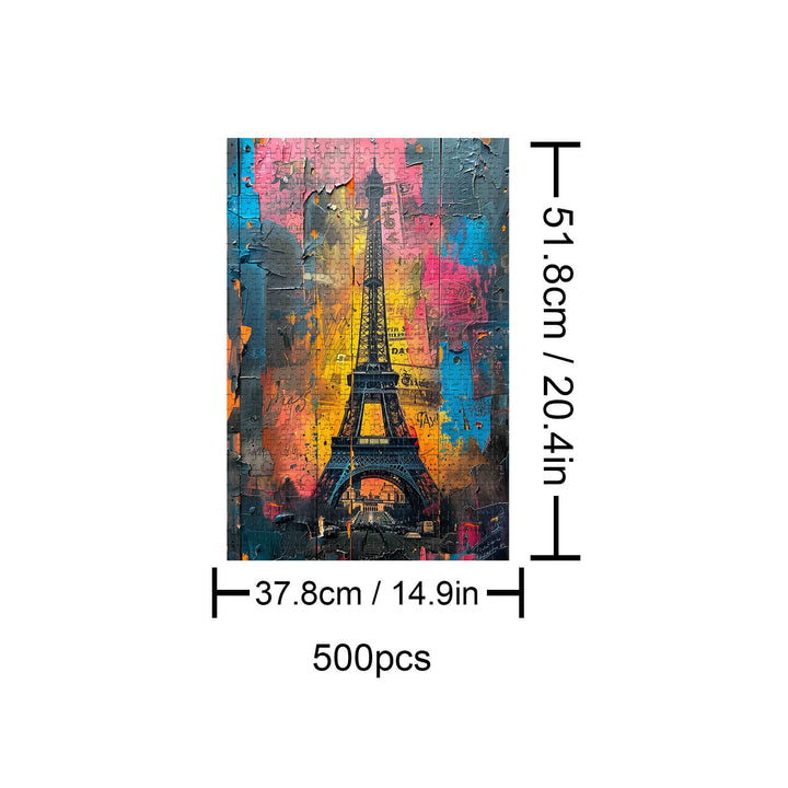 Eiffel Tower 500-piece puzzle featuring vibrant colors and unique design, perfect for jigsaw puzzle enthusiasts.