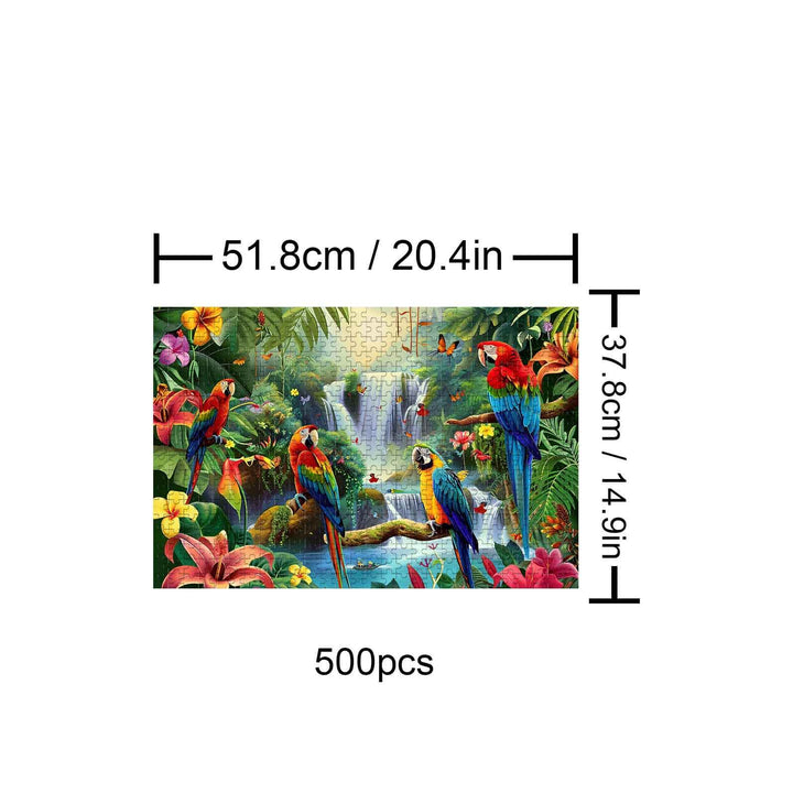 Tropical Rainforest 500-piece puzzle featuring vibrant parrots and lush greenery, perfect for puzzle enthusiasts.