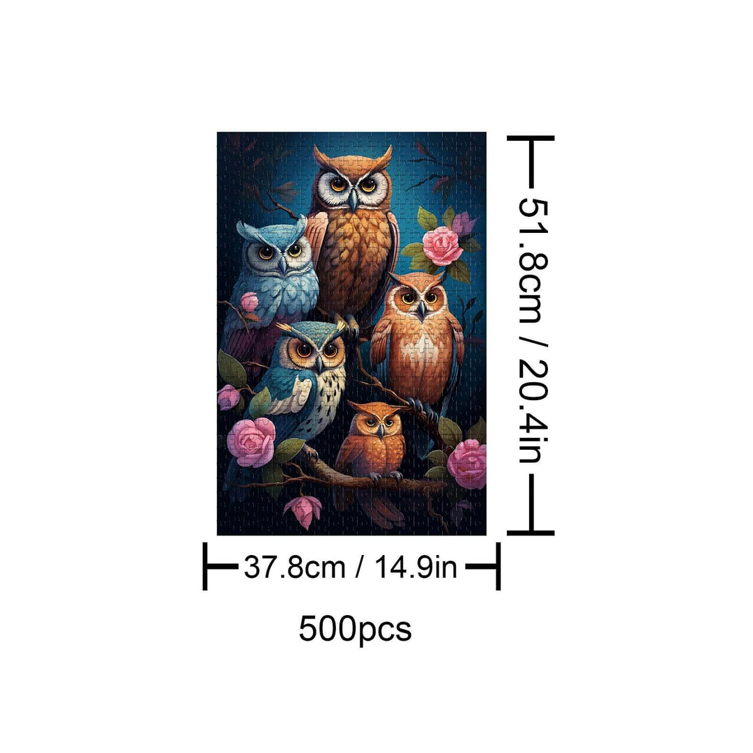 Colorful 500-piece owl puzzle featuring various owl species among flowers, perfect for puzzle lovers and mind game enthusiasts.