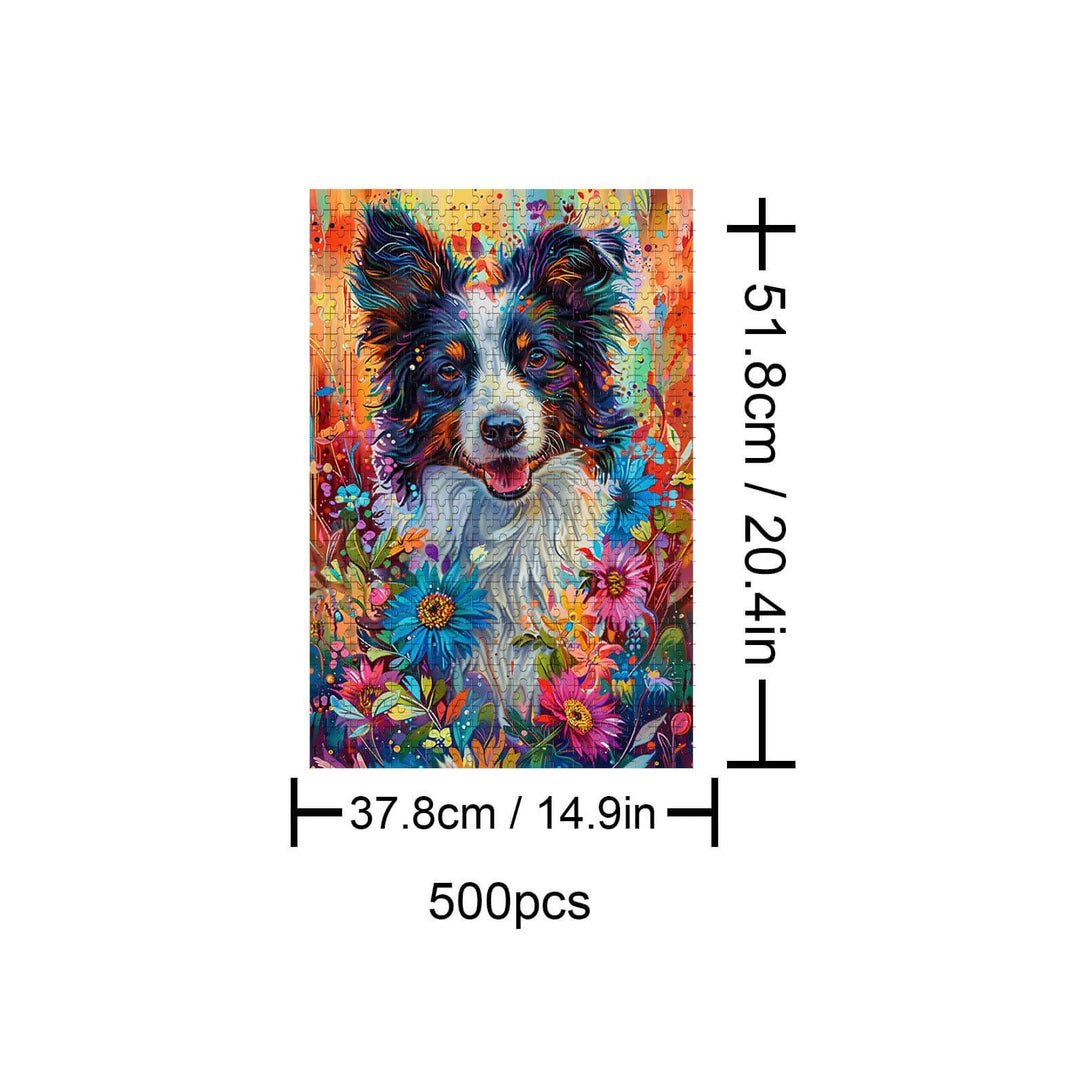 Colorful Shepherd Dog puzzle with flowers, 500 pieces for improving focus and cognitive skills.