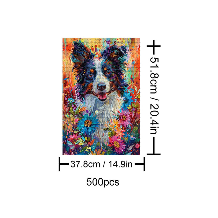 Colorful Shepherd Dog puzzle with flowers, 500 pieces for improving focus and cognitive skills.