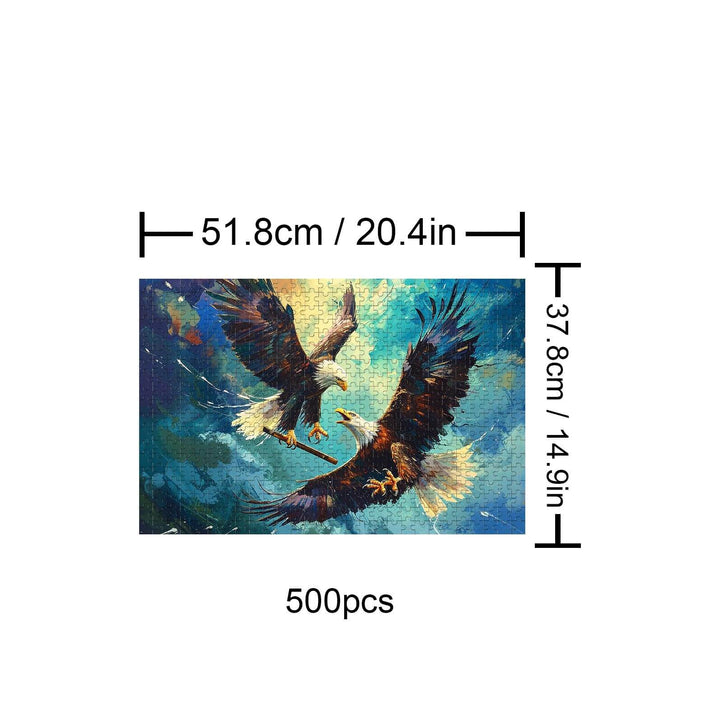 Freedom Eagle 500 Piece Puzzle featuring two majestic eagles in vibrant colors, designed for focused jigsaw puzzle enthusiasts.