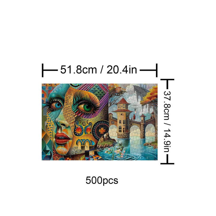 Fantasy Land 500-piece puzzle featuring vibrant artwork of a face and a scenic view, dimensions: 51.8cm x 37.8cm.