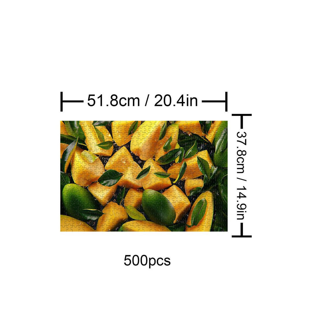 Fresh Mango 500 piece puzzle featuring vibrant mango slices and green leaves, perfect for puzzle enthusiasts.