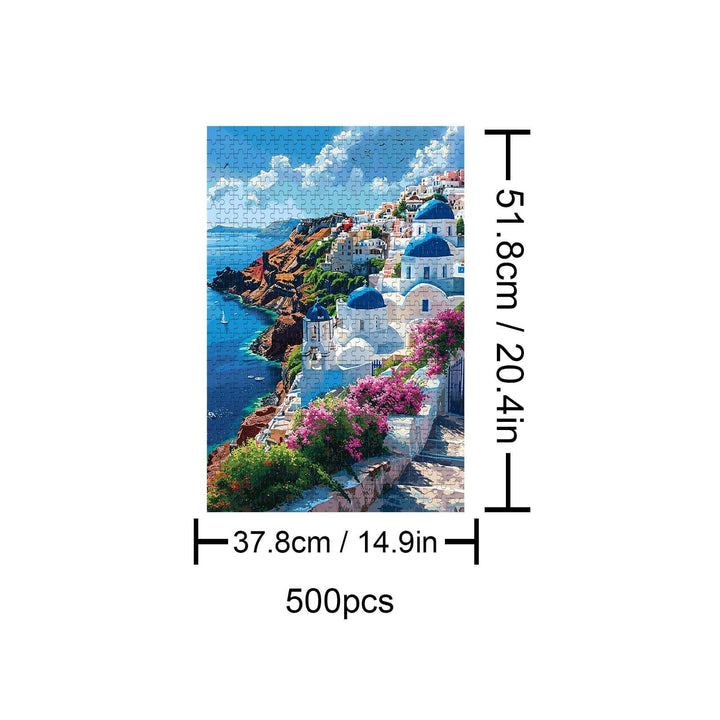 Santorini 500 piece puzzle showcasing stunning cliffside view with blue domes and vibrant flowers, perfect for puzzle lovers.