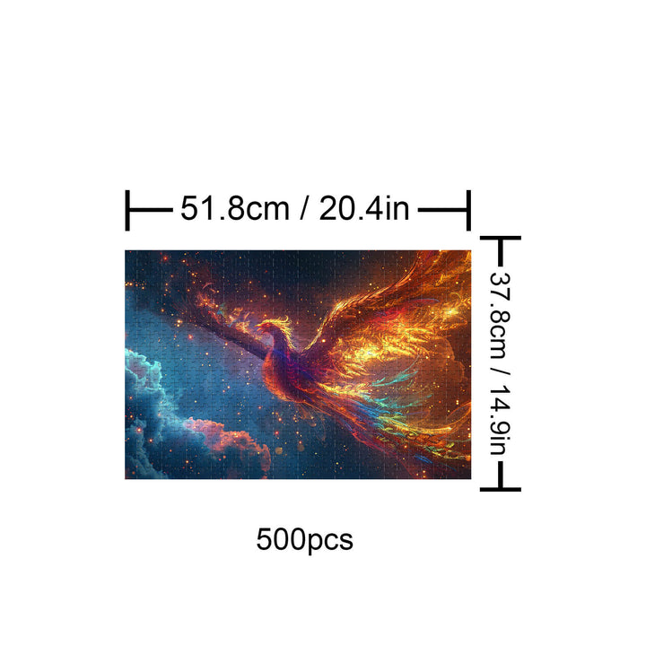 Phoenix Nirvana 500 piece puzzle, vibrant phoenix design, dimensions 51.8cm x 37.8cm, perfect for mind games and focus.