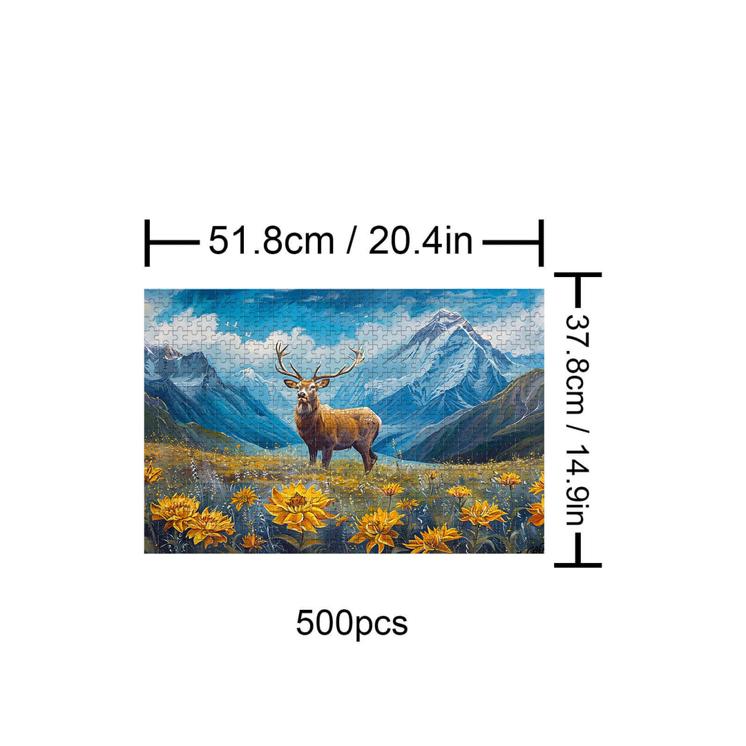 Elk 500 Piece Puzzle featuring a majestic elk in a scenic mountain landscape with vibrant flowers.