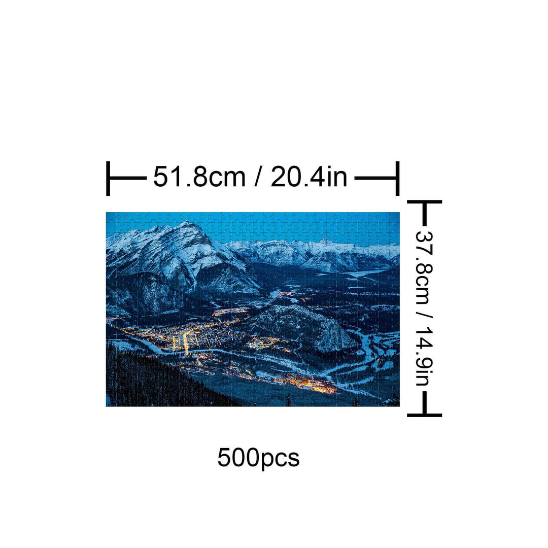 Winter Morning 500-piece puzzle showcasing snowy mountains and a serene landscape, perfect for focused puzzle-solving.