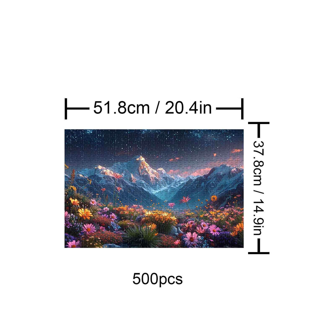 Starry Sky Garden 500 piece puzzle featuring a vibrant night scene with flowers and mountains, perfect for mind games.