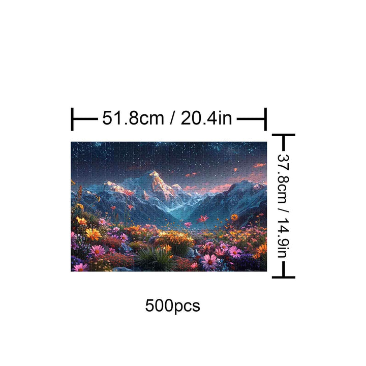 Starry Sky Garden 500 piece puzzle featuring a vibrant night scene with flowers and mountains, perfect for mind games.
