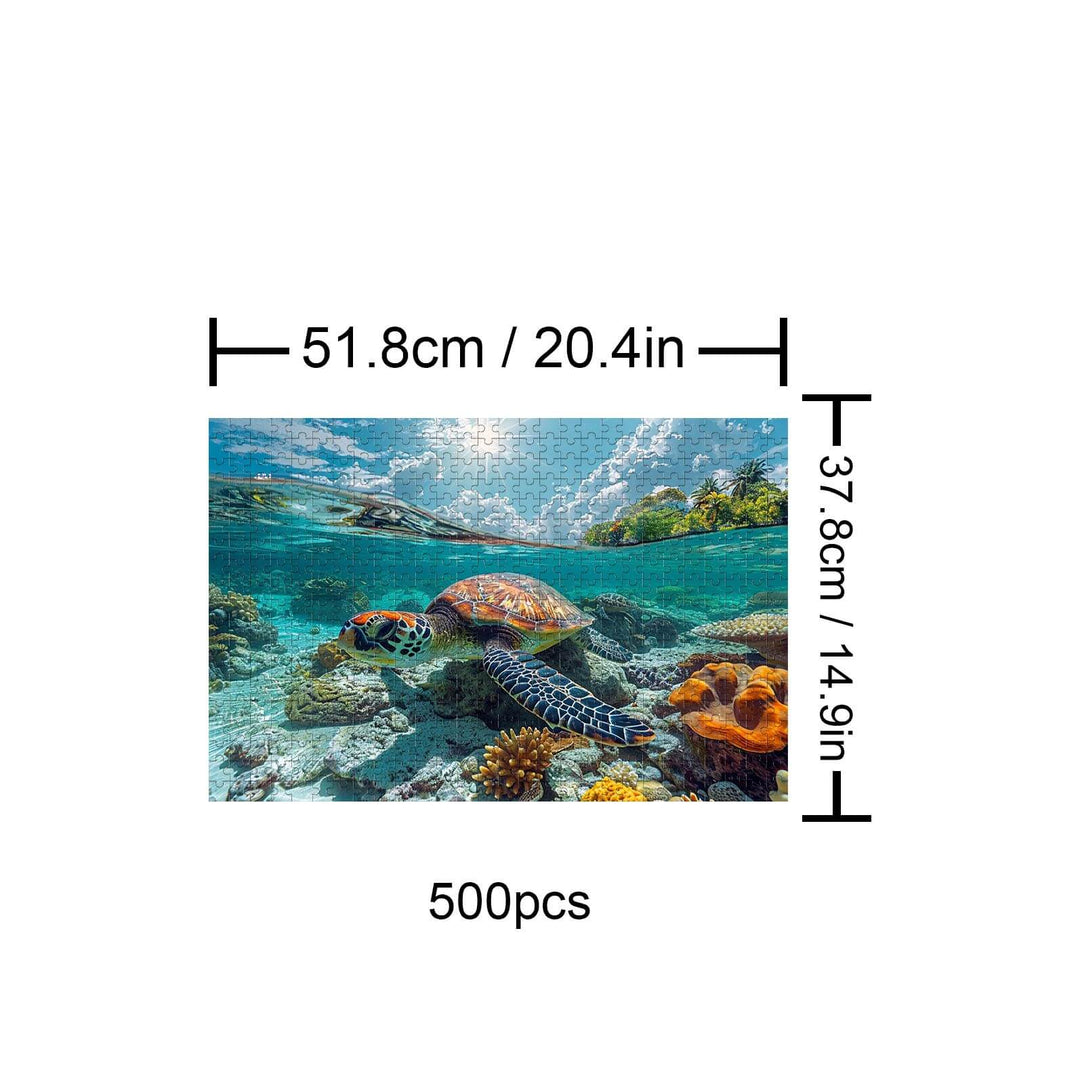 Sea Turtles 500 piece puzzle showcasing vibrant underwater scenery with a sea turtle.